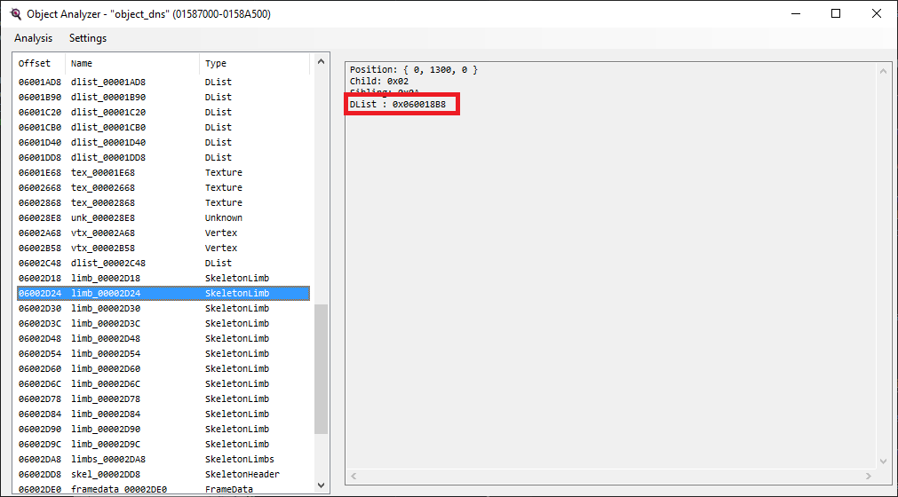 Showing the head limb's display list in Z64Utils